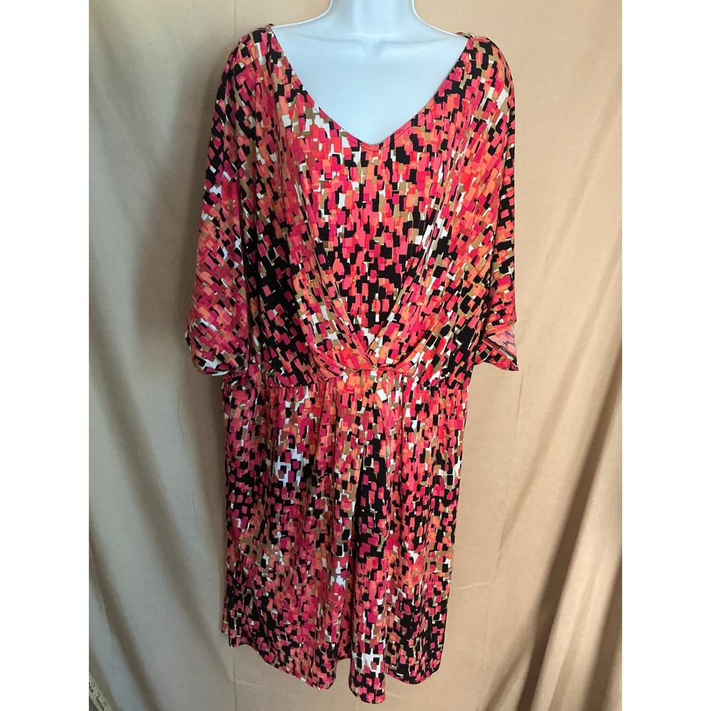 Worthington Dress Woman 1X Pink Orange Geometric Excellent Knot Front Stretch